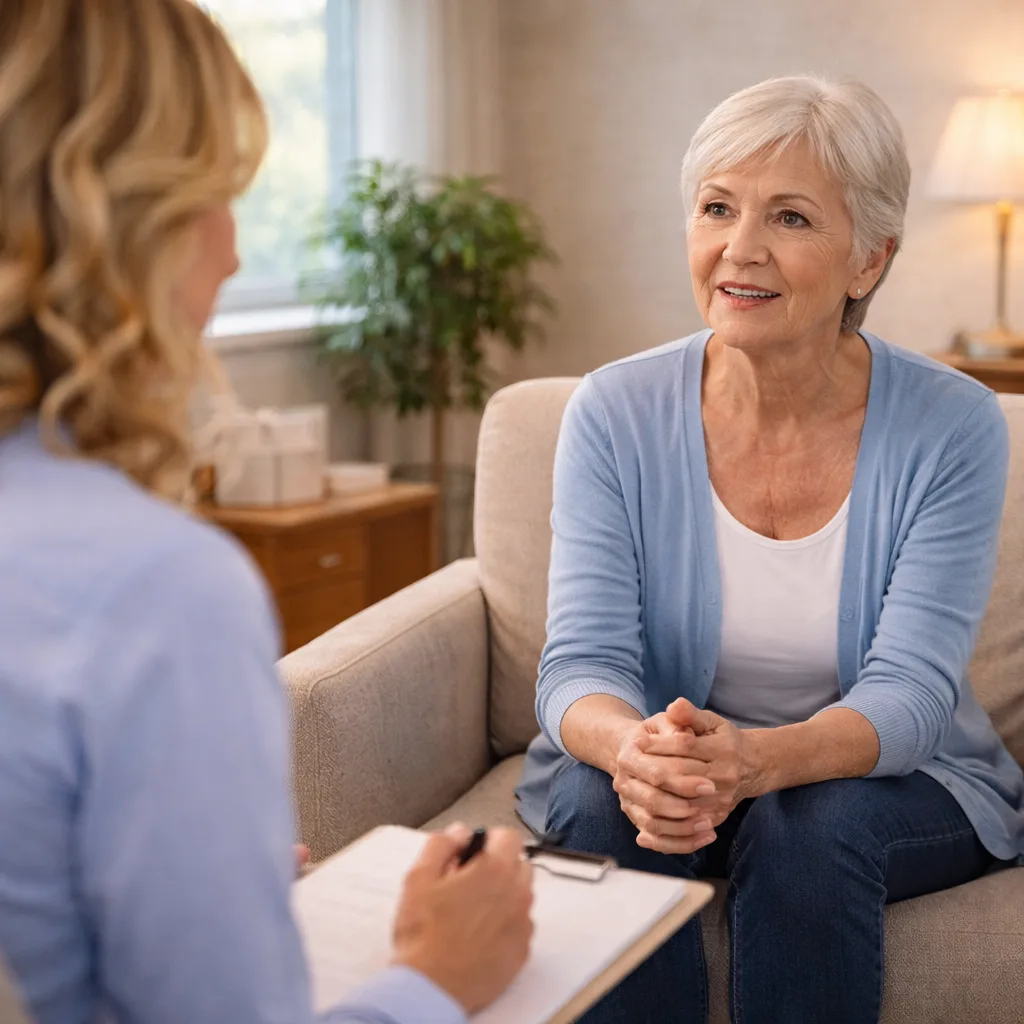 Senior adult receiving supportive addiction counseling in a calm setting