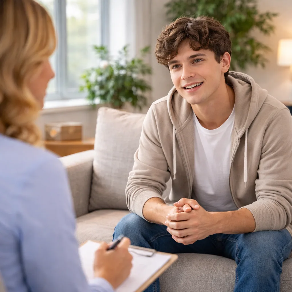 College student receiving addiction counseling while continuing education